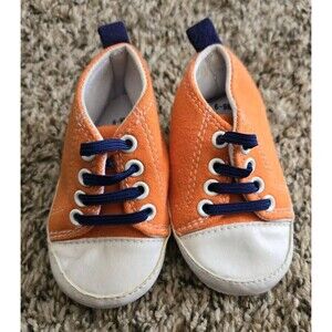 Baby Boy Or Girl Unisex Crib Shoes Orange Sneakers Blue Laces Size 6-9 Months
